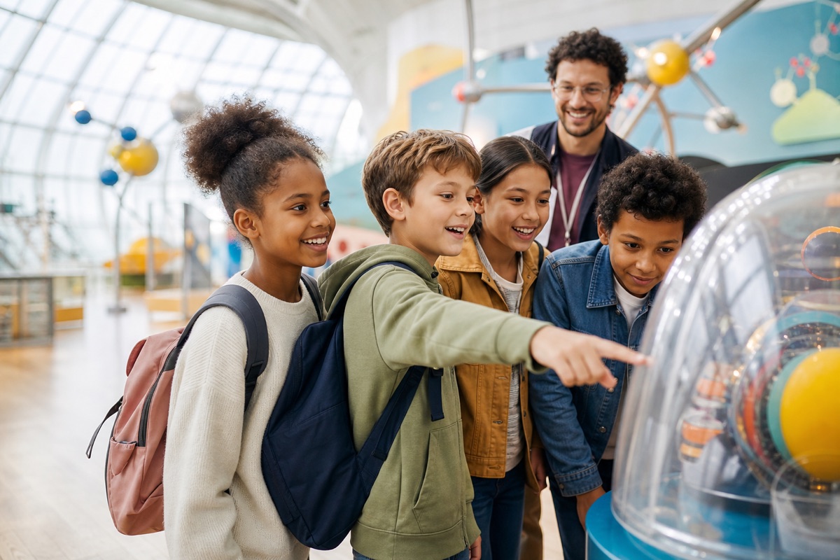 Des enfants découvrent une exposition scientifique lors d’une sortie au musée
